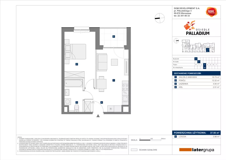 2 pokoje, mieszkanie 37,50 m², piętro 3, oferta nr A/58, Osiedle Palladium, Warszawa, Białołęka, Nowodwory, ul. Mieczysławy Ćwiklińskiej