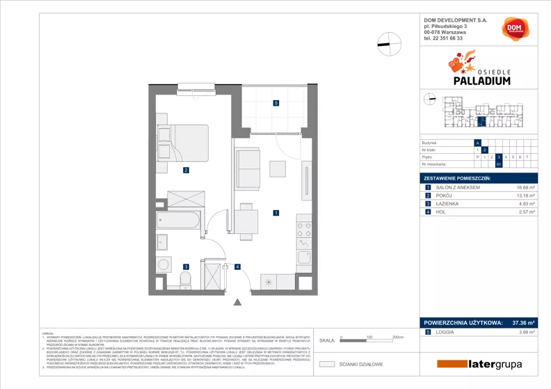 2 pokoje, mieszkanie 37,36 m², piętro 3, oferta nr A/61, Osiedle Palladium, Warszawa, Białołęka, Nowodwory, ul. Mieczysławy Ćwiklińskiej