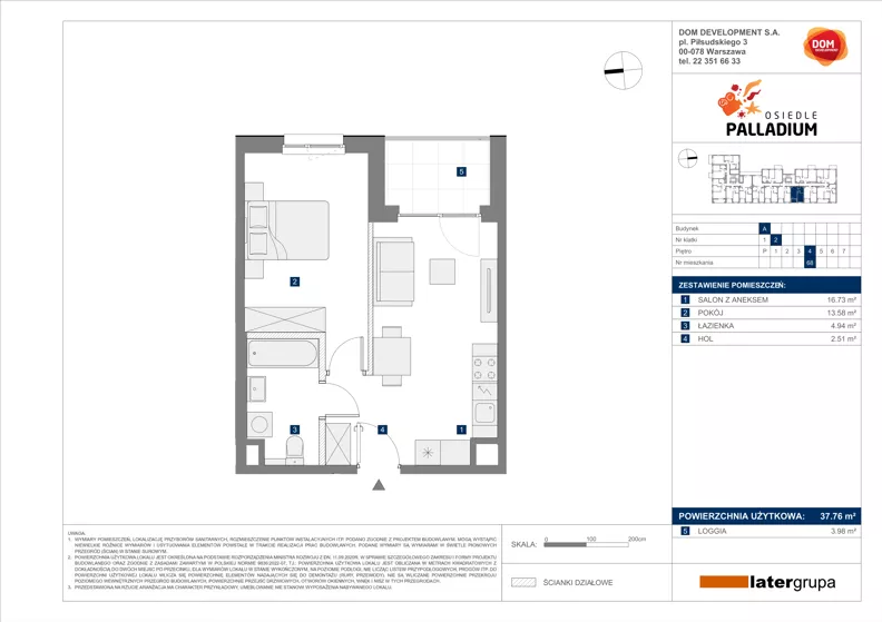 2 pokoje, mieszkanie 37,76 m², piętro 4, oferta nr A/68, Osiedle Palladium, Warszawa, Białołęka, Nowodwory, ul. Mieczysławy Ćwiklińskiej