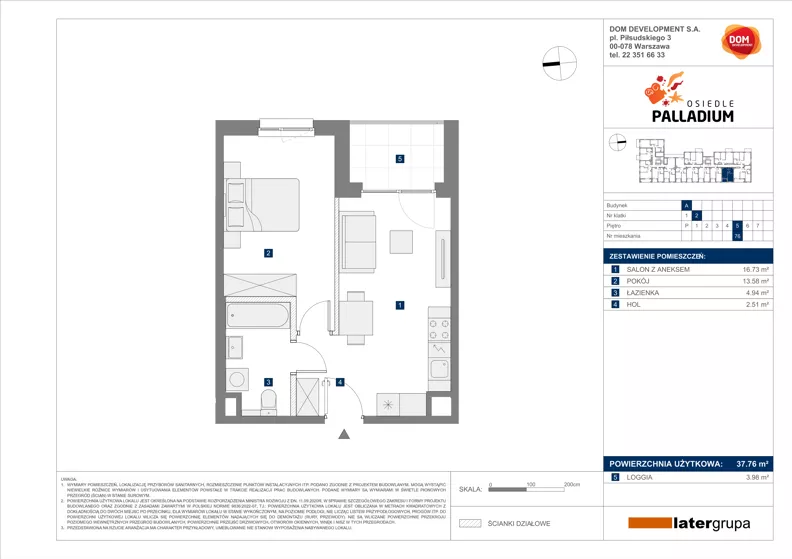 2 pokoje, mieszkanie 37,76 m², piętro 5, oferta nr A/76, Osiedle Palladium, Warszawa, Białołęka, Nowodwory, ul. Mieczysławy Ćwiklińskiej