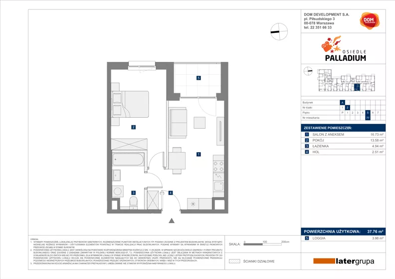 2 pokoje, mieszkanie 37,76 m², piętro 5, oferta nr A/77, Osiedle Palladium, Warszawa, Białołęka, Nowodwory, ul. Mieczysławy Ćwiklińskiej