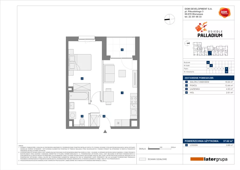 2 pokoje, mieszkanie 37,62 m², piętro 6, oferta nr A/88, Osiedle Palladium, Warszawa, Białołęka, Nowodwory, ul. Mieczysławy Ćwiklińskiej