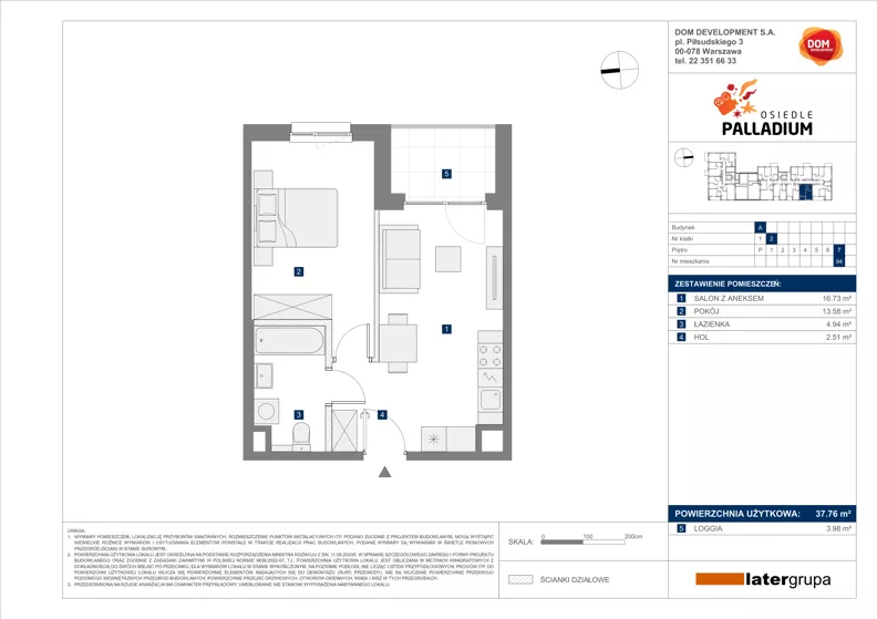 2 pokoje, mieszkanie 37,76 m², piętro 7, oferta nr A/94, Osiedle Palladium, Warszawa, Białołęka, Nowodwory, ul. Mieczysławy Ćwiklińskiej