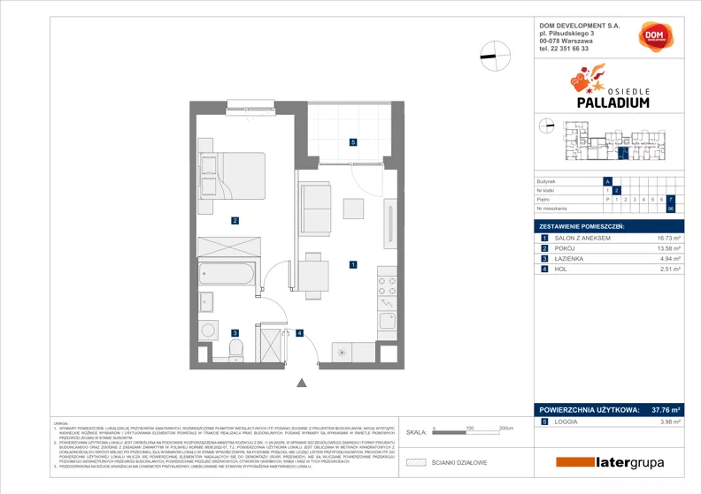 2 pokoje, mieszkanie 37,76 m², piętro 7, oferta nr A/96, Osiedle Palladium, Warszawa, Białołęka, Nowodwory, ul. Mieczysławy Ćwiklińskiej