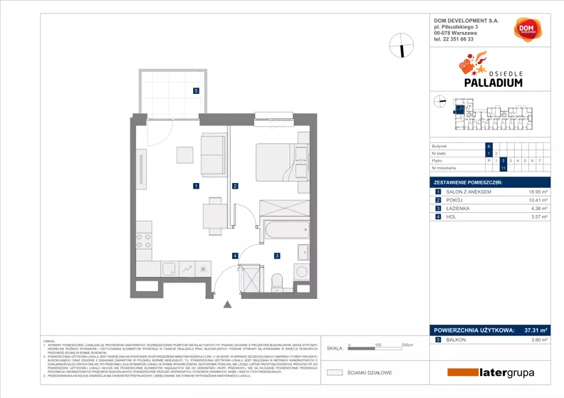2 pokoje, mieszkanie 37,31 m², piętro 2, oferta nr B/11, Osiedle Palladium, Warszawa, Białołęka, Nowodwory, ul. Mieczysławy Ćwiklińskiej