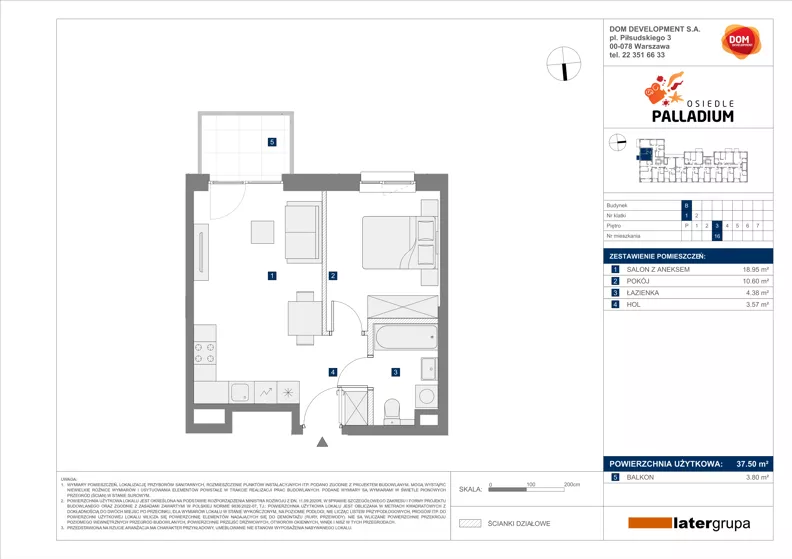 2 pokoje, mieszkanie 37,50 m², piętro 3, oferta nr B/16, Osiedle Palladium, Warszawa, Białołęka, Nowodwory, ul. Mieczysławy Ćwiklińskiej