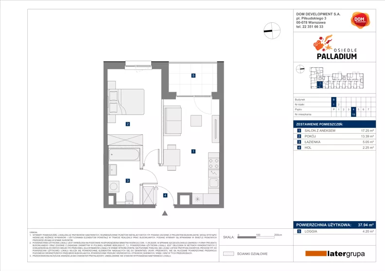 2 pokoje, mieszkanie 37,94 m², piętro 4, oferta nr B/19, Osiedle Palladium, Warszawa, Białołęka, Nowodwory, ul. Mieczysławy Ćwiklińskiej