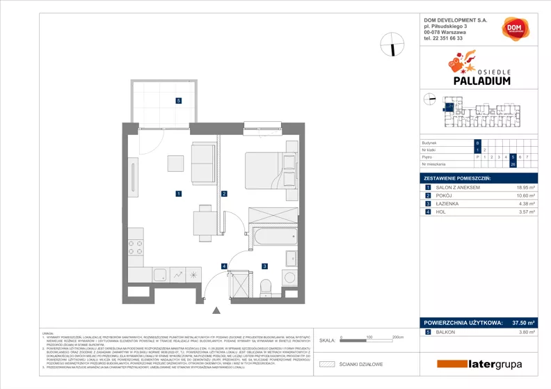 2 pokoje, mieszkanie 37,50 m², piętro 5, oferta nr B/26, Osiedle Palladium, Warszawa, Białołęka, Nowodwory, ul. Mieczysławy Ćwiklińskiej