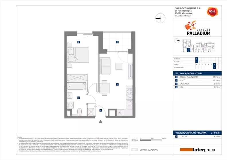 2 pokoje, mieszkanie 37,94 m², piętro 6, oferta nr B/29, Osiedle Palladium, Warszawa, Białołęka, Nowodwory, ul. Mieczysławy Ćwiklińskiej