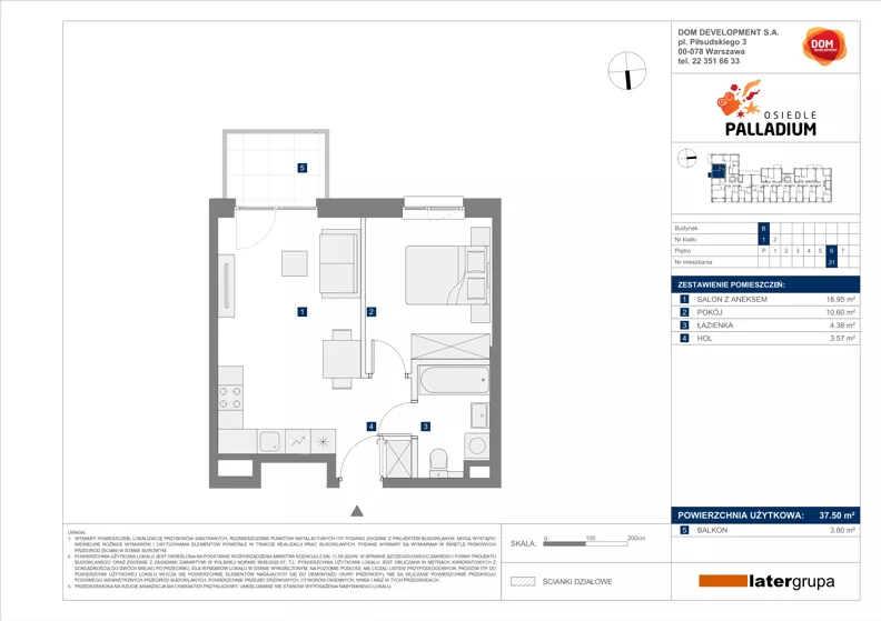 2 pokoje, mieszkanie 37,50 m², piętro 6, oferta nr B/31, Osiedle Palladium, Warszawa, Białołęka, Nowodwory, ul. Mieczysławy Ćwiklińskiej