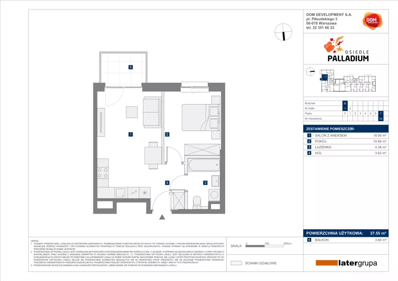 2 pokoje, mieszkanie 37,55 m², piętro 7, oferta nr B/34, Osiedle Palladium, Warszawa, Białołęka, Nowodwory, ul. Mieczysławy Ćwiklińskiej