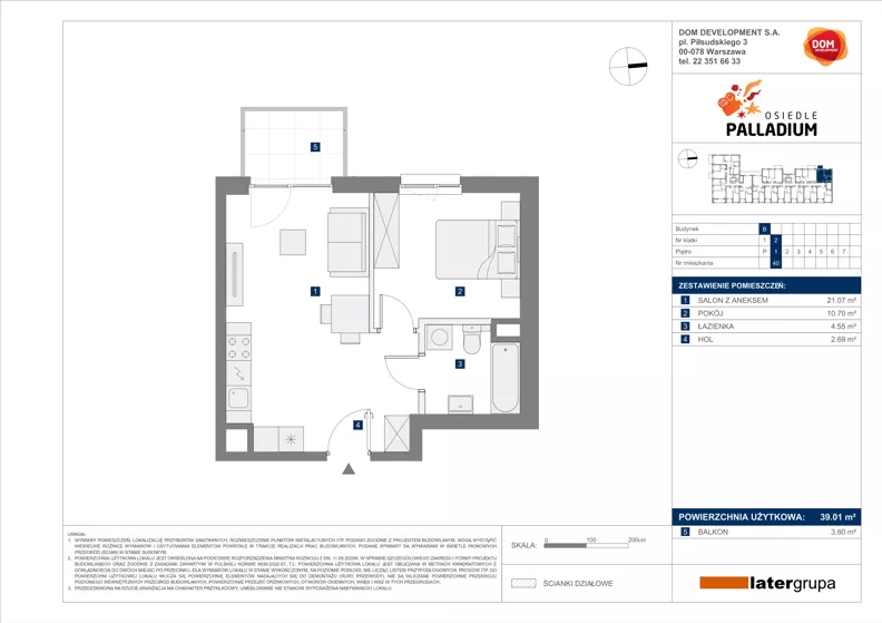 2 pokoje, mieszkanie 39,01 m², piętro 1, oferta nr B/40, Osiedle Palladium, Warszawa, Białołęka, Nowodwory, ul. Mieczysławy Ćwiklińskiej