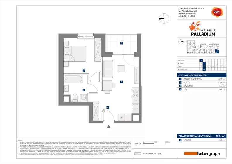 2 pokoje, mieszkanie 38,64 m², piętro 1, oferta nr B/41, Osiedle Palladium, Warszawa, Białołęka, Nowodwory, ul. Mieczysławy Ćwiklińskiej