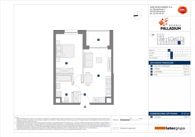 2 pokoje, mieszkanie 37,37 m², piętro 1, oferta nr B/42, Osiedle Palladium, Warszawa, Białołęka, Nowodwory, ul. Mieczysławy Ćwiklińskiej