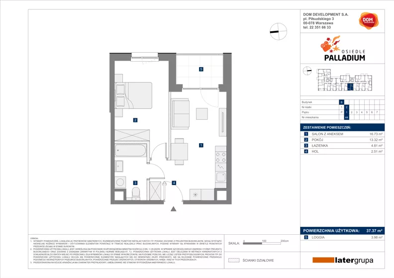 2 pokoje, mieszkanie 37,37 m², piętro 1, oferta nr B/44, Osiedle Palladium, Warszawa, Białołęka, Nowodwory, ul. Mieczysławy Ćwiklińskiej