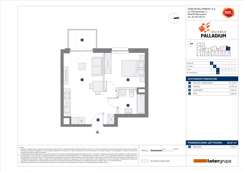 2 pokoje, mieszkanie 39,07 m², piętro 2, oferta nr B/49, Osiedle Palladium, Warszawa, Białołęka, Nowodwory, ul. Mieczysławy Ćwiklińskiej