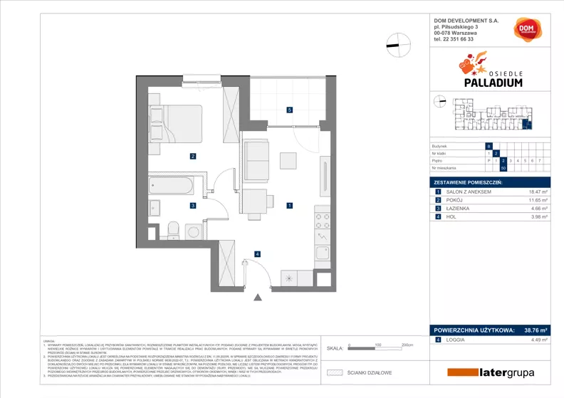 2 pokoje, mieszkanie 38,76 m², piętro 2, oferta nr B/50, Osiedle Palladium, Warszawa, Białołęka, Nowodwory, ul. Mieczysławy Ćwiklińskiej
