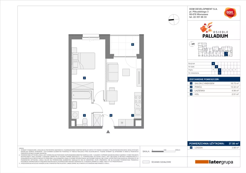2 pokoje, mieszkanie 37,50 m², piętro 2, oferta nr B/51, Osiedle Palladium, Warszawa, Białołęka, Nowodwory, ul. Mieczysławy Ćwiklińskiej