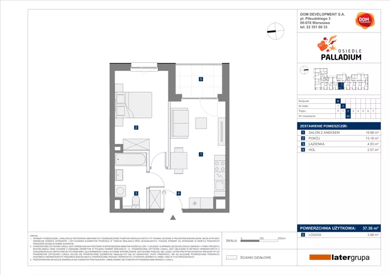 2 pokoje, mieszkanie 37,36 m², piętro 2, oferta nr B/54, Osiedle Palladium, Warszawa, Białołęka, Nowodwory, ul. Mieczysławy Ćwiklińskiej