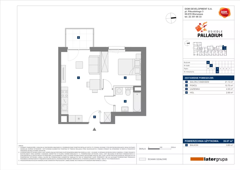 2 pokoje, mieszkanie 39,07 m², piętro 3, oferta nr B/58, Osiedle Palladium, Warszawa, Białołęka, Nowodwory, ul. Mieczysławy Ćwiklińskiej