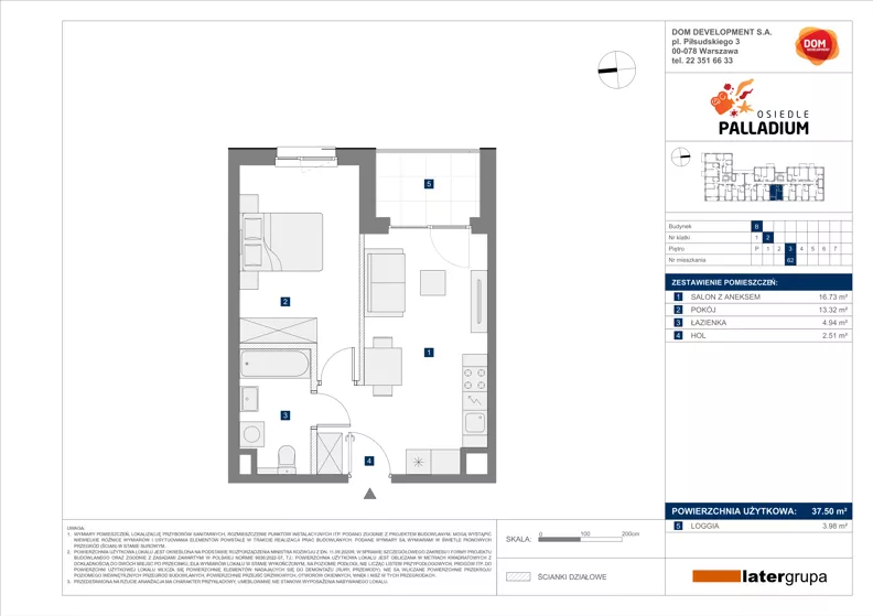 2 pokoje, mieszkanie 37,50 m², piętro 3, oferta nr B/62, Osiedle Palladium, Warszawa, Białołęka, Nowodwory, ul. Mieczysławy Ćwiklińskiej