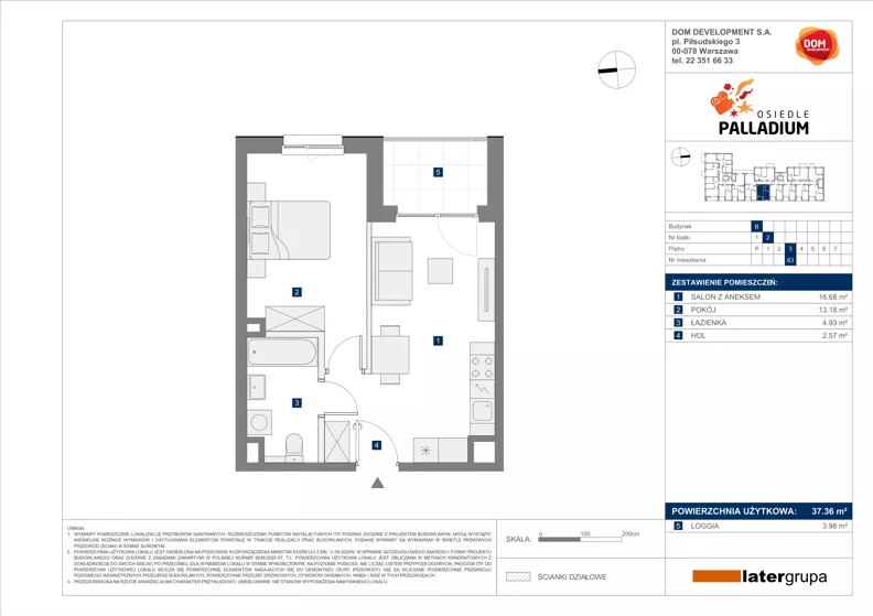 2 pokoje, mieszkanie 37,36 m², piętro 3, oferta nr B/63, Osiedle Palladium, Warszawa, Białołęka, Nowodwory, ul. Mieczysławy Ćwiklińskiej