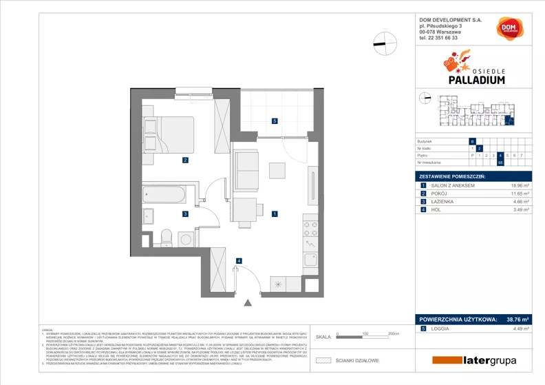 2 pokoje, mieszkanie 38,76 m², piętro 4, oferta nr B/68, Osiedle Palladium, Warszawa, Białołęka, Nowodwory, ul. Mieczysławy Ćwiklińskiej