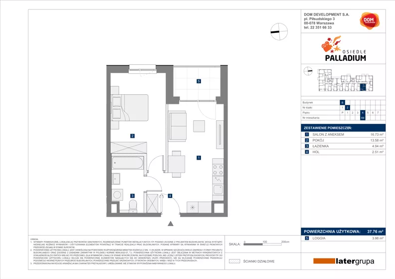 2 pokoje, mieszkanie 37,76 m², piętro 4, oferta nr B/69, Osiedle Palladium, Warszawa, Białołęka, Nowodwory, ul. Mieczysławy Ćwiklińskiej