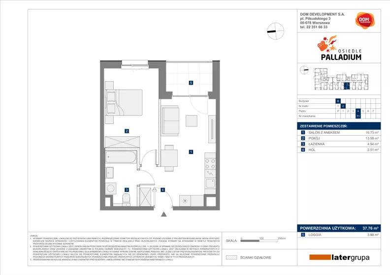 2 pokoje, mieszkanie 37,76 m², piętro 4, oferta nr B/71, Osiedle Palladium, Warszawa, Białołęka, Nowodwory, ul. Mieczysławy Ćwiklińskiej