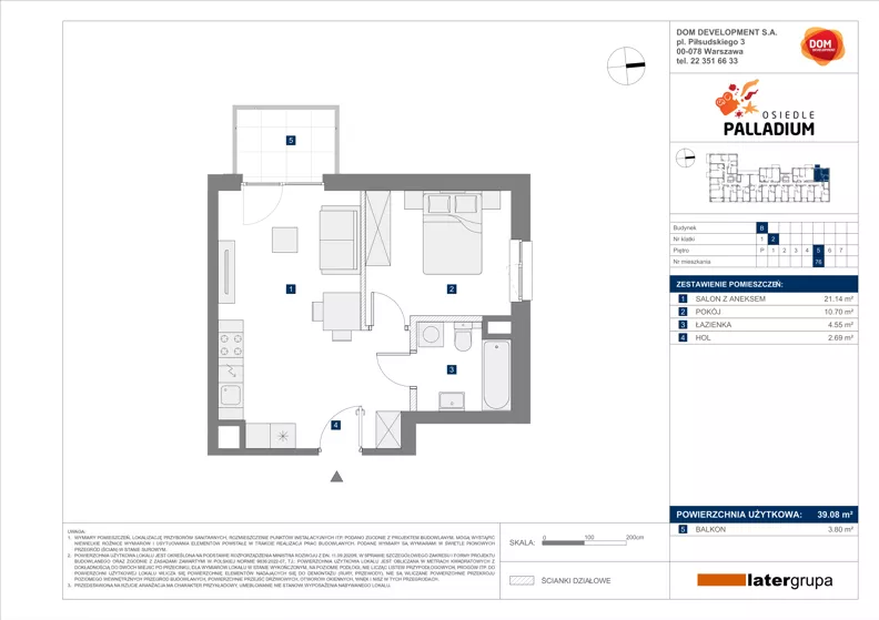 2 pokoje, mieszkanie 39,08 m², piętro 5, oferta nr B/76, Osiedle Palladium, Warszawa, Białołęka, Nowodwory, ul. Mieczysławy Ćwiklińskiej