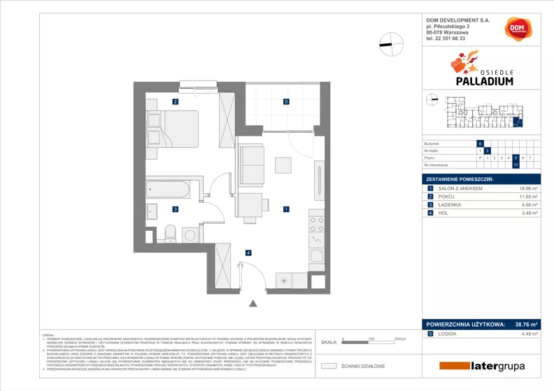 2 pokoje, mieszkanie 38,76 m², piętro 5, oferta nr B/77, Osiedle Palladium, Warszawa, Białołęka, Nowodwory, ul. Mieczysławy Ćwiklińskiej