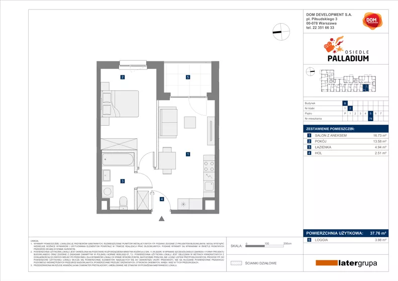2 pokoje, mieszkanie 37,76 m², piętro 5, oferta nr B/78, Osiedle Palladium, Warszawa, Białołęka, Nowodwory, ul. Mieczysławy Ćwiklińskiej