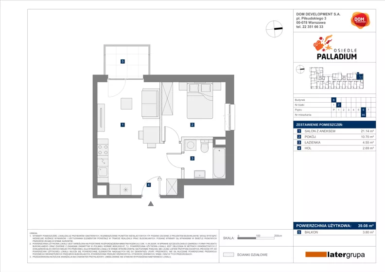 2 pokoje, mieszkanie 39,08 m², piętro 6, oferta nr B/85, Osiedle Palladium, Warszawa, Białołęka, Nowodwory, ul. Mieczysławy Ćwiklińskiej
