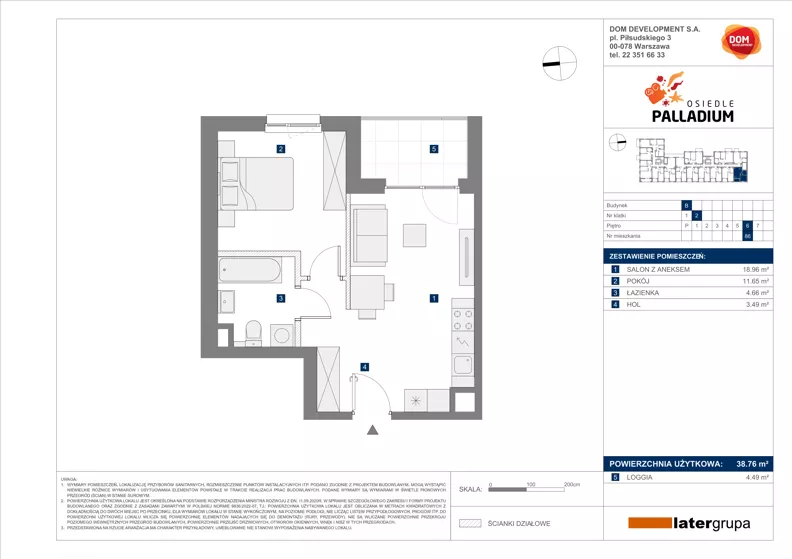 2 pokoje, mieszkanie 38,76 m², piętro 6, oferta nr B/86, Osiedle Palladium, Warszawa, Białołęka, Nowodwory, ul. Mieczysławy Ćwiklińskiej