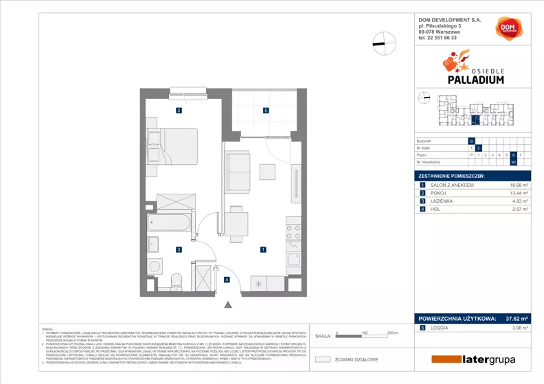 2 pokoje, mieszkanie 37,62 m², piętro 6, oferta nr B/90, Osiedle Palladium, Warszawa, Białołęka, Nowodwory, ul. Mieczysławy Ćwiklińskiej