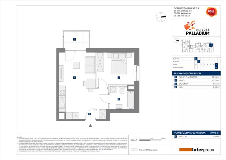 2 pokoje, mieszkanie 39,03 m², piętro 7, oferta nr B/94, Osiedle Palladium, Warszawa, Białołęka, Nowodwory, ul. Mieczysławy Ćwiklińskiej
