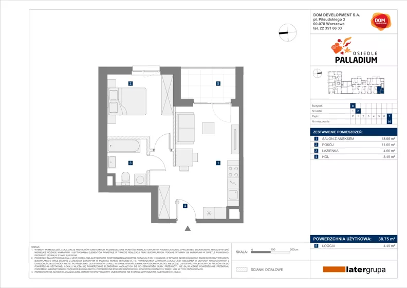 2 pokoje, mieszkanie 38,75 m², piętro 7, oferta nr B/95, Osiedle Palladium, Warszawa, Białołęka, Nowodwory, ul. Mieczysławy Ćwiklińskiej