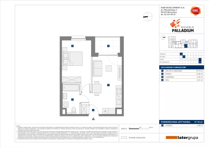 2 pokoje, mieszkanie 37,76 m², piętro 7, oferta nr B/98, Osiedle Palladium, Warszawa, Białołęka, Nowodwory, ul. Mieczysławy Ćwiklińskiej