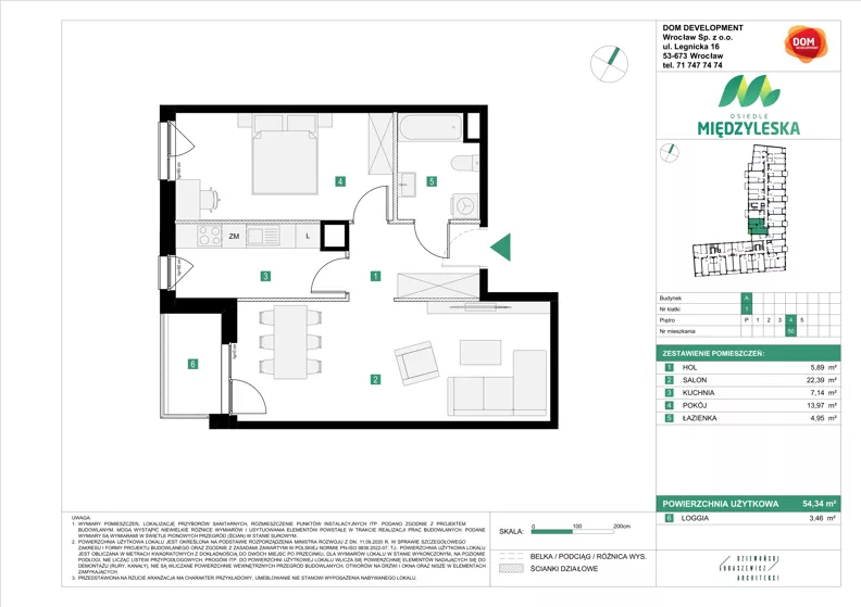 2 pokoje, mieszkanie 54,34 m², piętro 4, oferta nr A/50, Osiedle Międzyleska 3, Wrocław, Tarnogaj, Krzyki, ul. Międzyleska