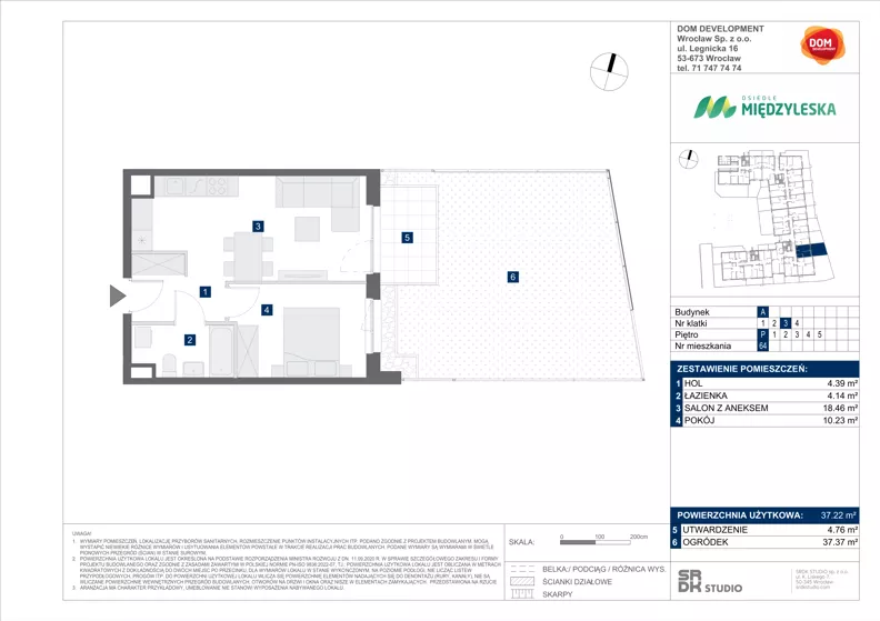 2 pokoje, mieszkanie 37,22 m², parter, oferta nr A/64, Międzyleska 4, Wrocław, Tarnogaj, Krzyki, ul. Międzyleska