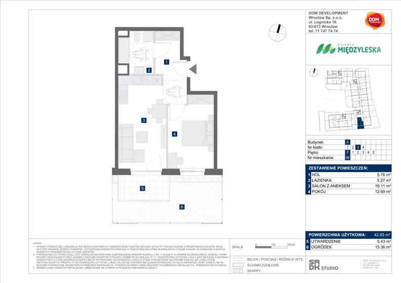 2 pokoje, mieszkanie 42,83 m², parter, oferta nr A/66, Międzyleska 4, Wrocław, Tarnogaj, Krzyki, ul. Międzyleska