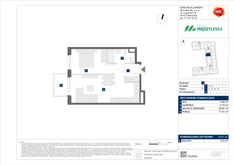 2 pokoje, mieszkanie 40,61 m², piętro 1, oferta nr A/30, Międzyleska 4, Wrocław, Tarnogaj, Krzyki, ul. Międzyleska