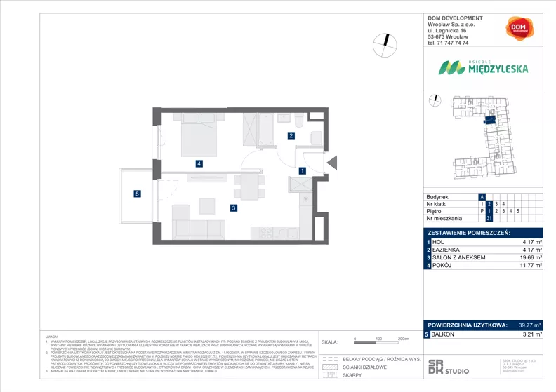 2 pokoje, mieszkanie 39,77 m², piętro 1, oferta nr A/31, Międzyleska 4, Wrocław, Tarnogaj, Krzyki, ul. Międzyleska