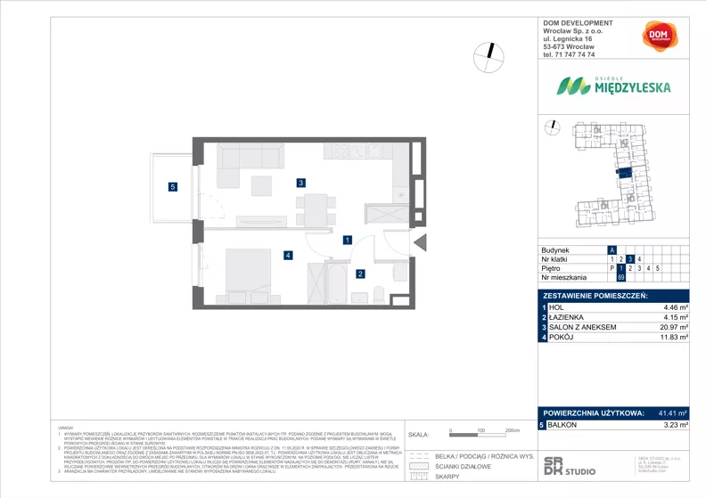 2 pokoje, mieszkanie 41,41 m², piętro 1, oferta nr A/69, Międzyleska 4, Wrocław, Tarnogaj, Krzyki, ul. Międzyleska