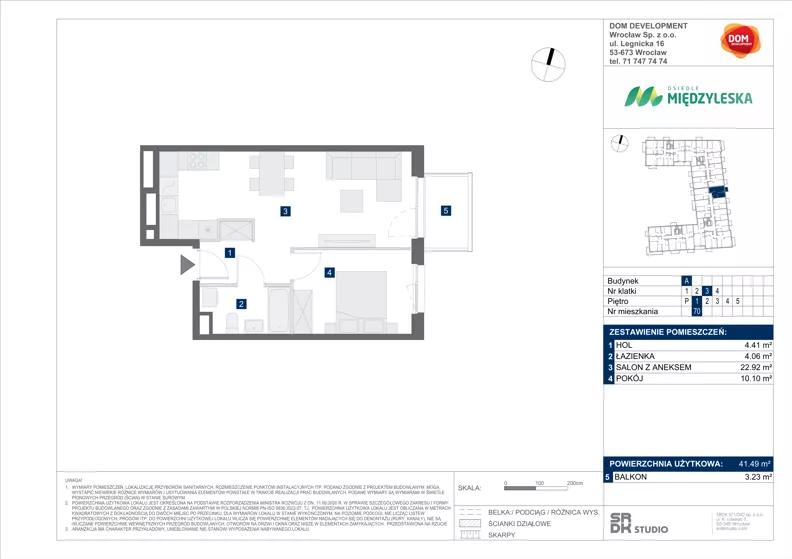 2 pokoje, mieszkanie 41,49 m², piętro 1, oferta nr A/70, Międzyleska 4, Wrocław, Tarnogaj, Krzyki, ul. Międzyleska