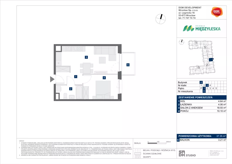 2 pokoje, mieszkanie 37,35 m², piętro 1, oferta nr A/71, Międzyleska 4, Wrocław, Tarnogaj, Krzyki, ul. Międzyleska
