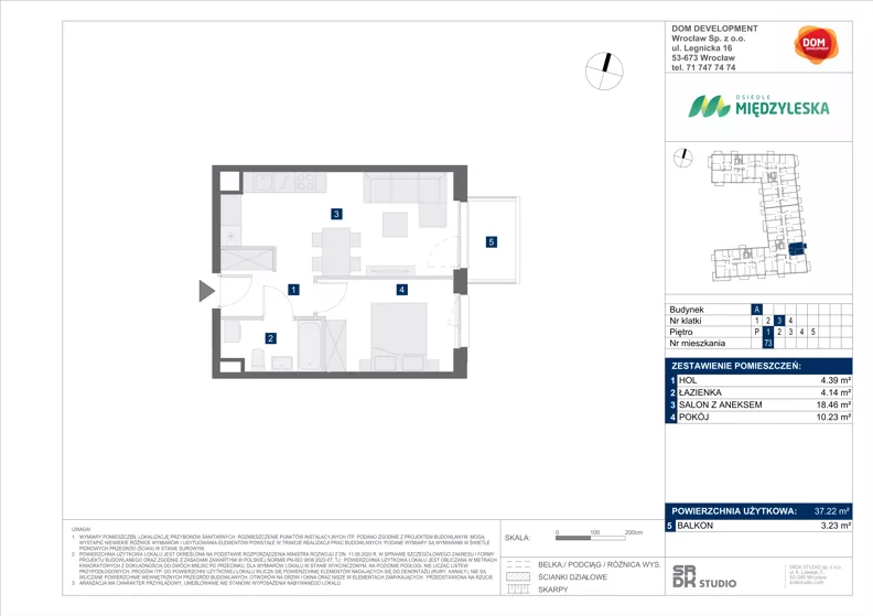 2 pokoje, mieszkanie 37,22 m², piętro 1, oferta nr A/73, Międzyleska 4, Wrocław, Tarnogaj, Krzyki, ul. Międzyleska