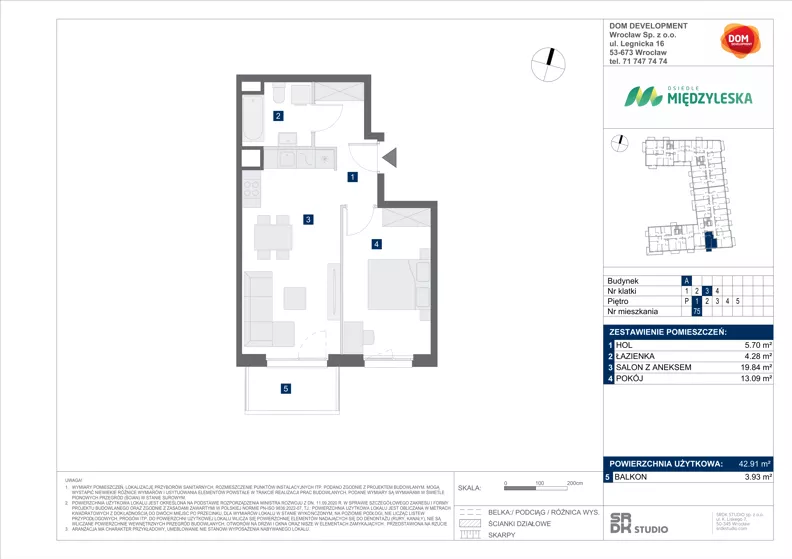 2 pokoje, mieszkanie 42,91 m², piętro 1, oferta nr A/75, Międzyleska 4, Wrocław, Tarnogaj, Krzyki, ul. Międzyleska