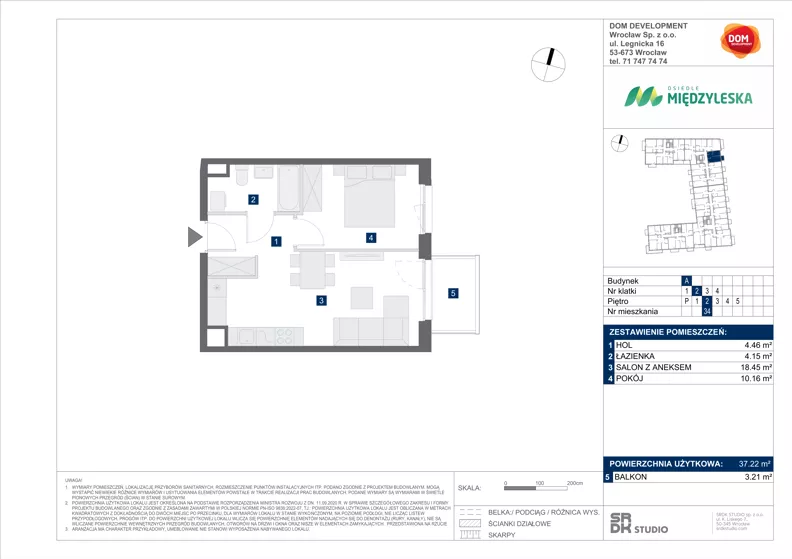 2 pokoje, mieszkanie 37,22 m², piętro 2, oferta nr A/34, Międzyleska 4, Wrocław, Tarnogaj, Krzyki, ul. Międzyleska