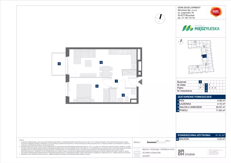 2 pokoje, mieszkanie 41,41 m², piętro 2, oferta nr A/78, Międzyleska 4, Wrocław, Tarnogaj, Krzyki, ul. Międzyleska